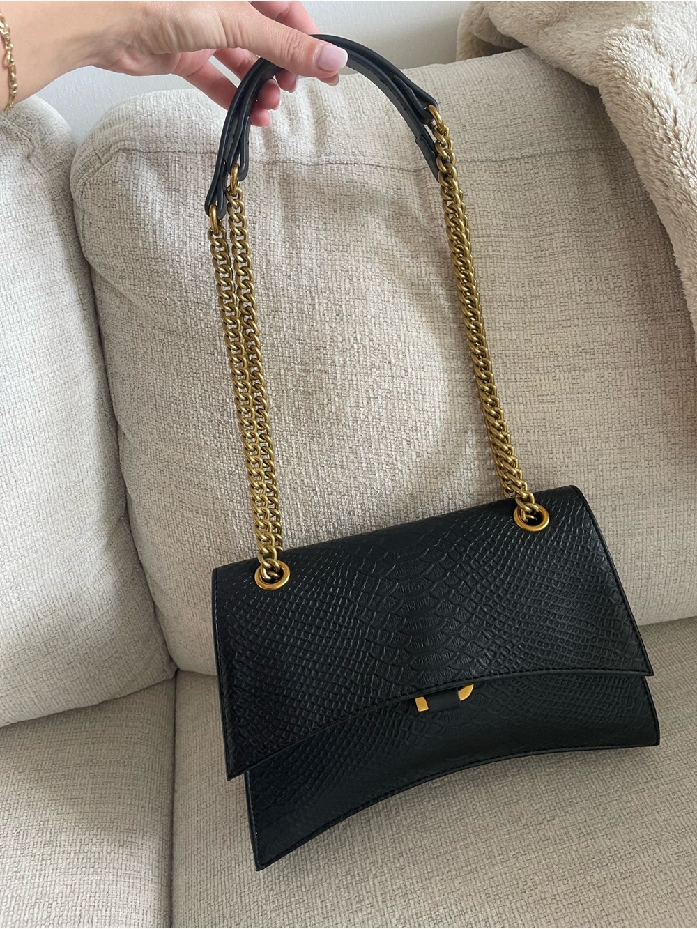 Black Textured Shoulder Bag with Gold Chain Handles